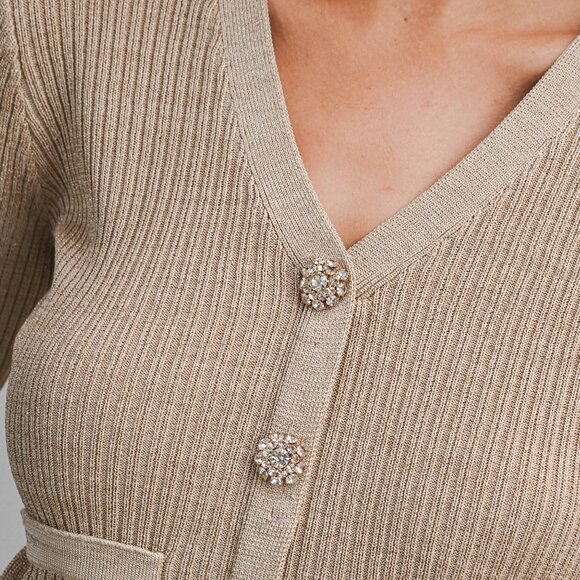Mocha Gold Shimmer Lurex Knit Top With Rhinestone Gold Tone Buttons - Picture 5 of 10
